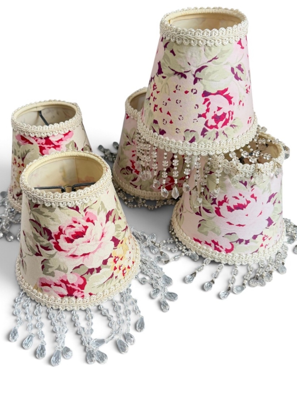 Set 5 Floral Chandelier Shades 2 Styles Clip On Shappy Chic Beaded Fringe Pink